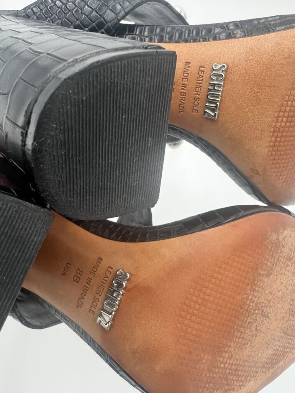 Schutz Zarita Sandals 8B Black Croc Embossed Leather Pearl Stud Slingback Heels - Picture 13 of 15